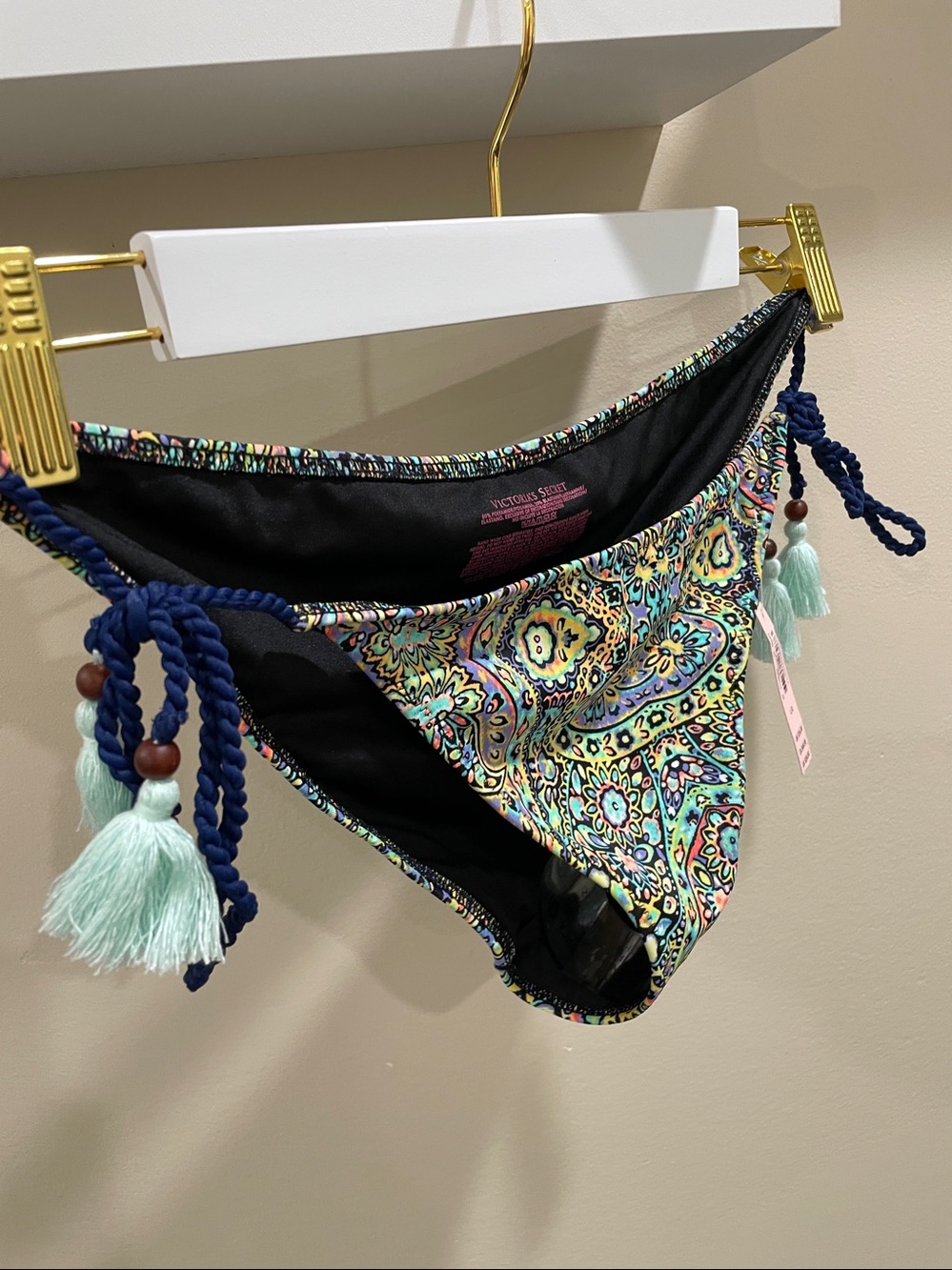 Victoria’s Secret L green blue aqua patterned bikini bottom NWT tassel ties - Picture 8 of 11
